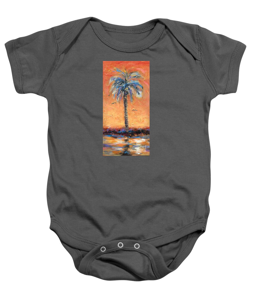 Palms Baby Onesie featuring the painting Palm with Orange Sky by Linda Olsen