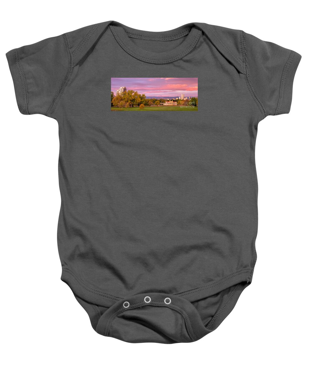 Denver City Park Baby Onesie featuring the photograph Panorama shot of Denver Skyline and City Park at sunrise by Ronda Kimbrow