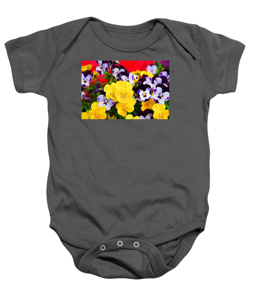 Pansies Baby Onesie featuring the photograph Pansies and Red Cart by Robert Meyers-Lussier