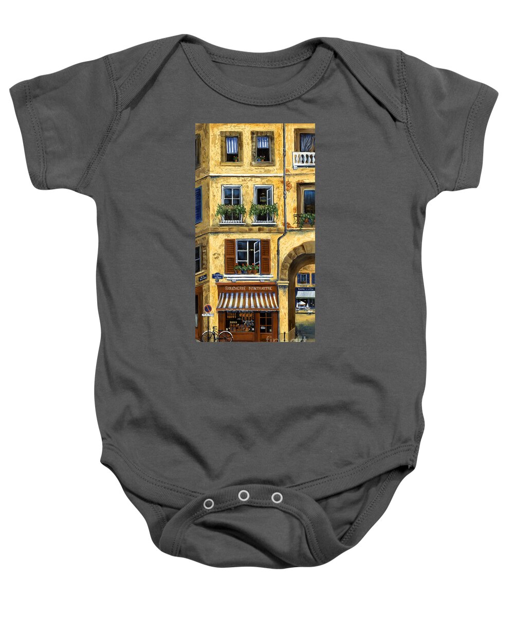 Europe Baby Onesie featuring the painting Parisian Bistro and Butcher Shop by Marilyn Dunlap