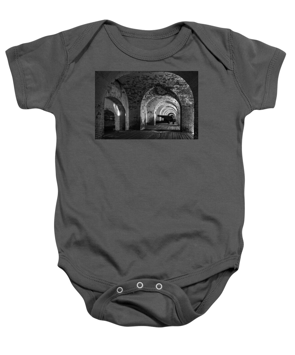 Fort Pulaski Baby Onesie featuring the photograph Passageways of Fort Pulaski in Black and White by Greg and Chrystal Mimbs