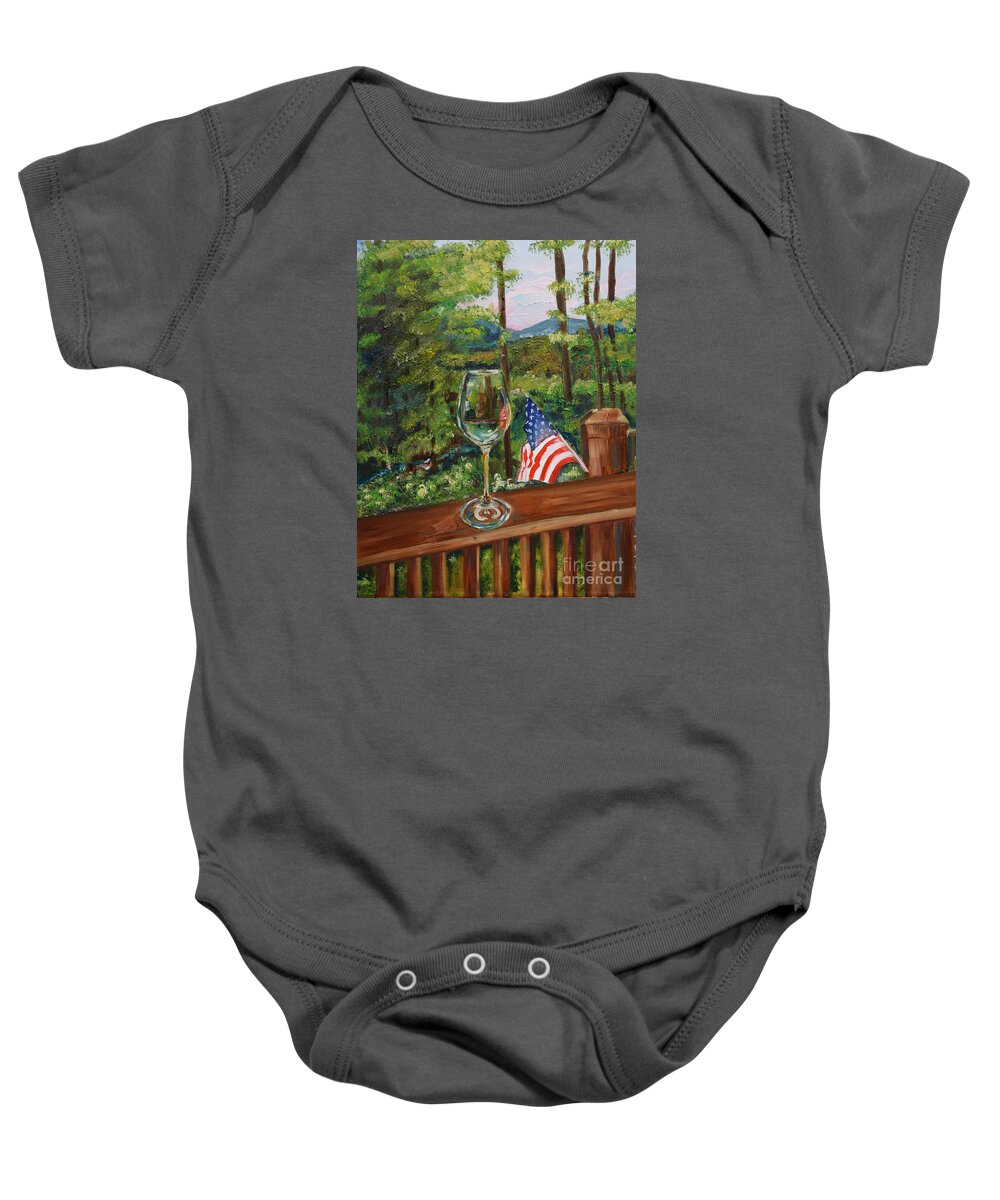 American Flag Baby Onesie featuring the painting Star Spangled Wine - Fourth of July - Blue Ridge Mountains by Jan Dappen