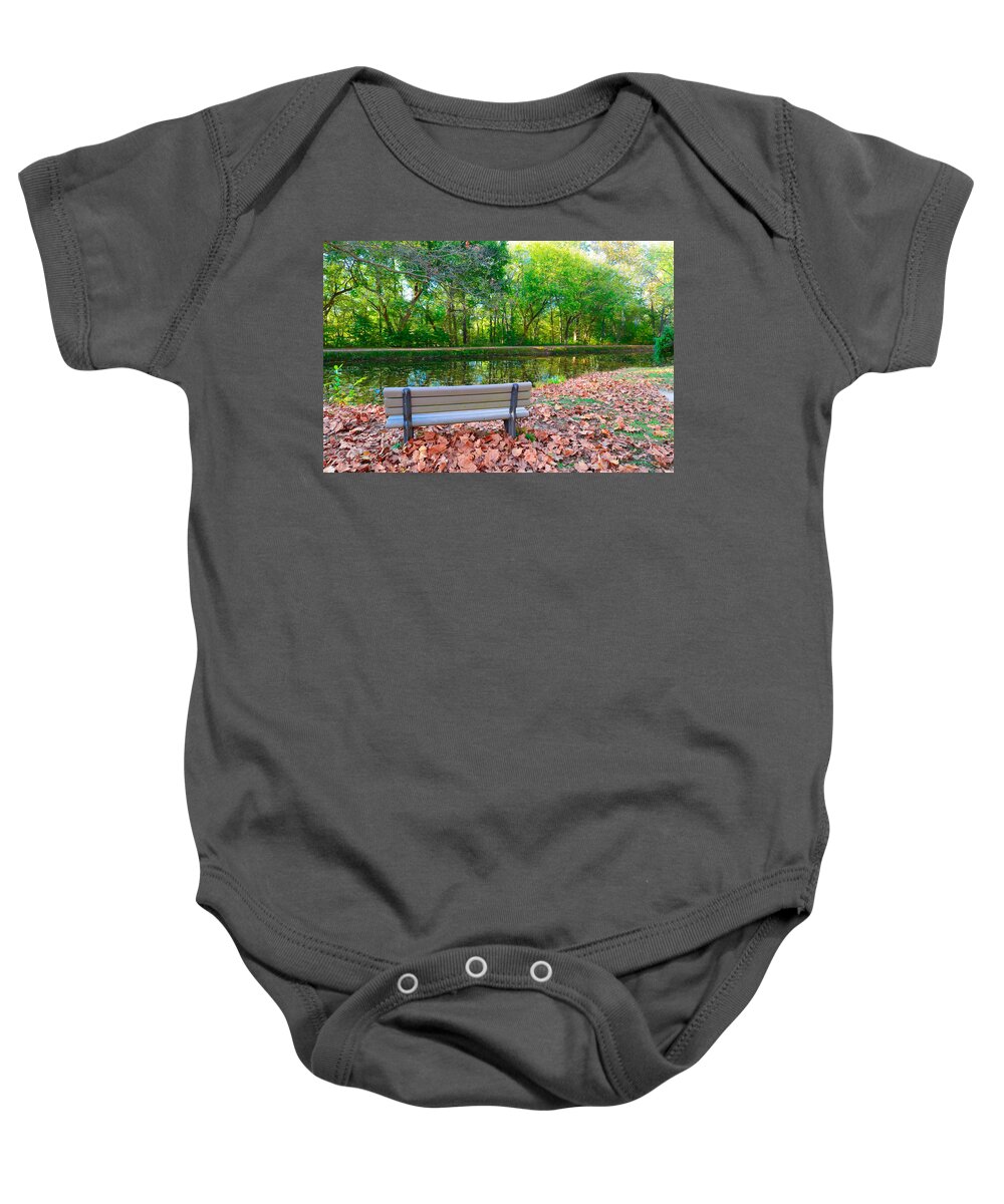 C&o Baby Onesie featuring the photograph Peaceful Bench on C and O Canal by Jeff at JSJ Photography