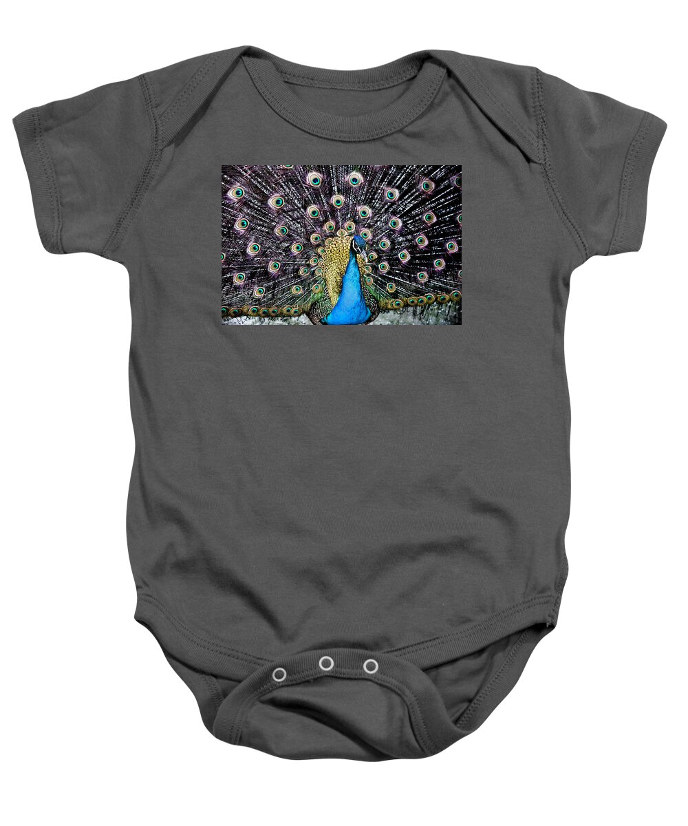 Peacock Baby Onesie featuring the digital art Peacock by JGracey Stinson