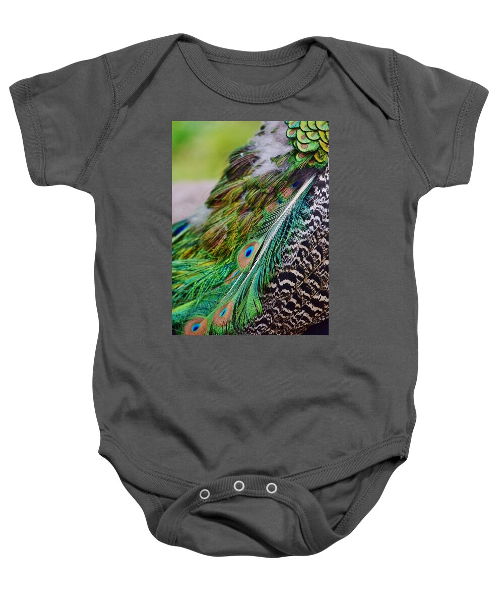 Peacock Baby Onesie featuring the photograph Peacock by Nicole Lloyd