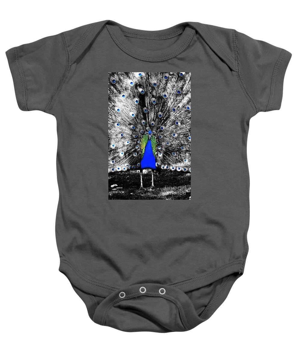 Peacock Baby Onesie featuring the digital art Peacock Plumage Color Splash Selective Color Ink Outlines Digital Art by Shawn O'Brien