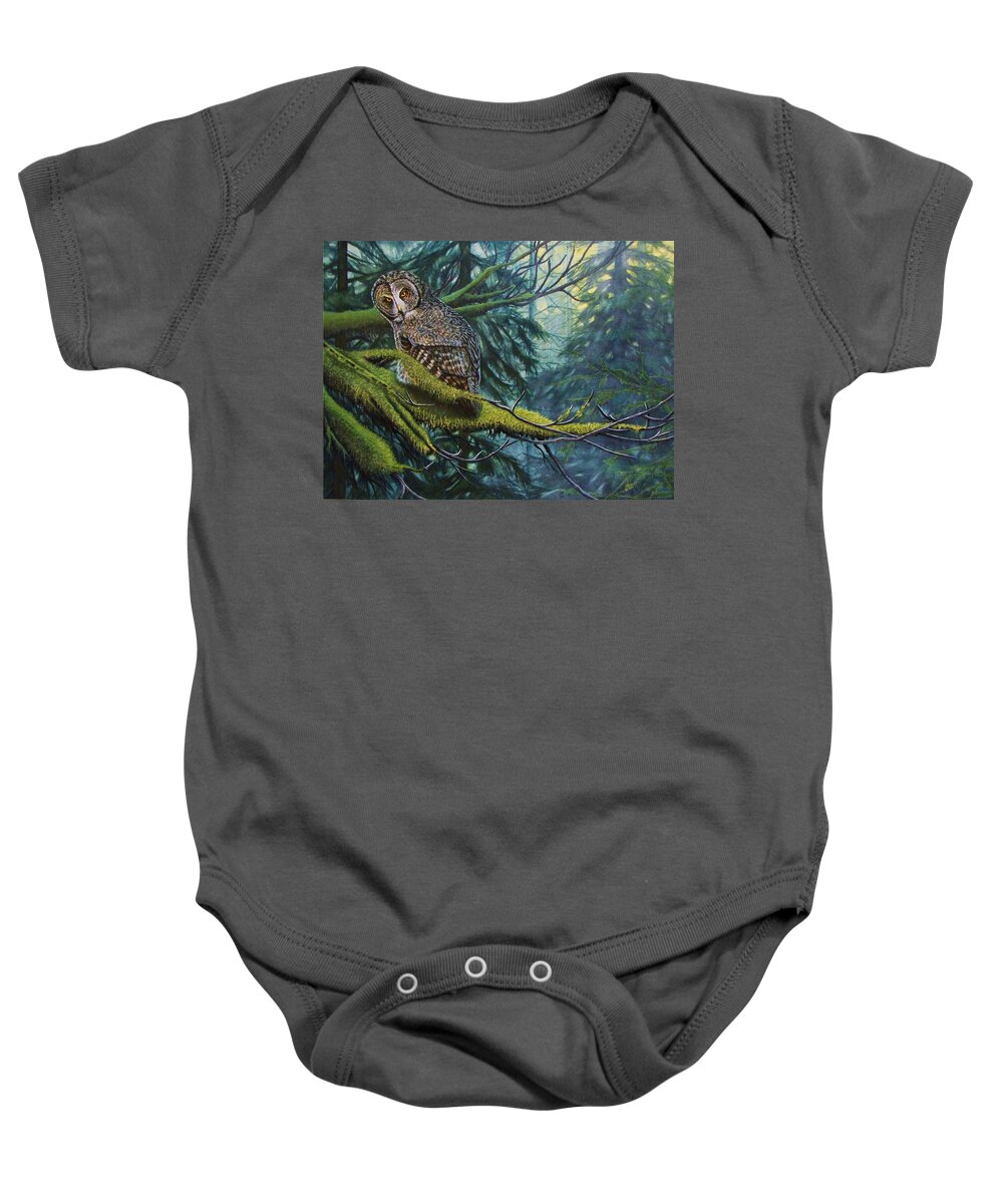 Owl Baby Onesie featuring the painting Phantom of The North by Greg and Linda Halom