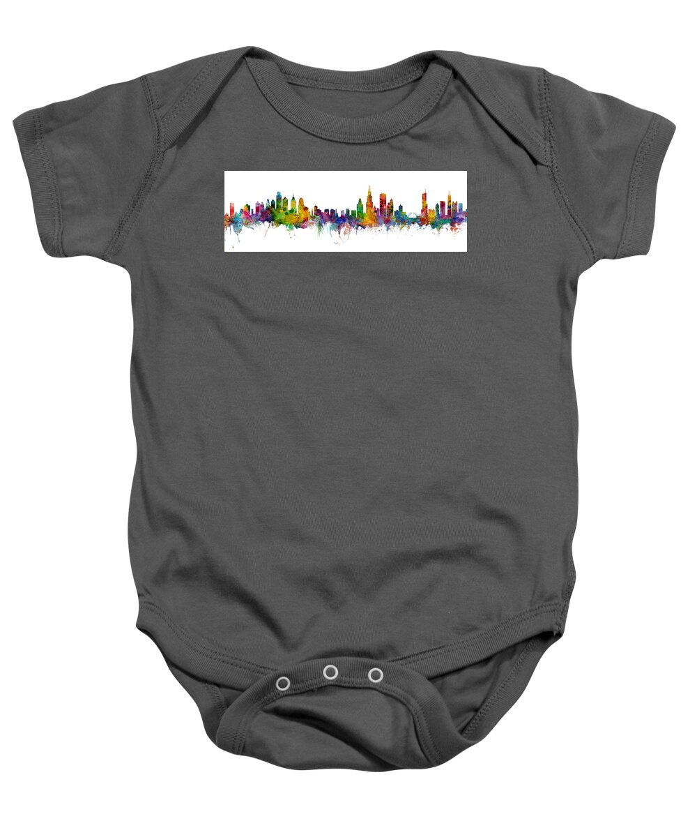 Chicago Baby Onesie featuring the digital art Philadelphia and Chicago Skylines Mashup by Michael Tompsett