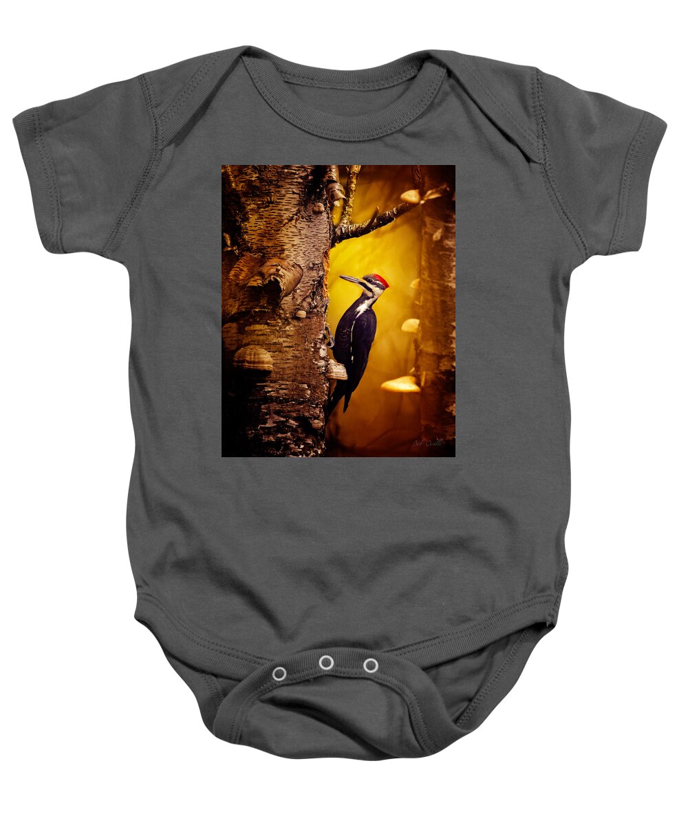 Pileated Woodpecker Baby Onesie featuring the photograph Pileated Woodpecker Forest Sunrise by Bob Orsillo