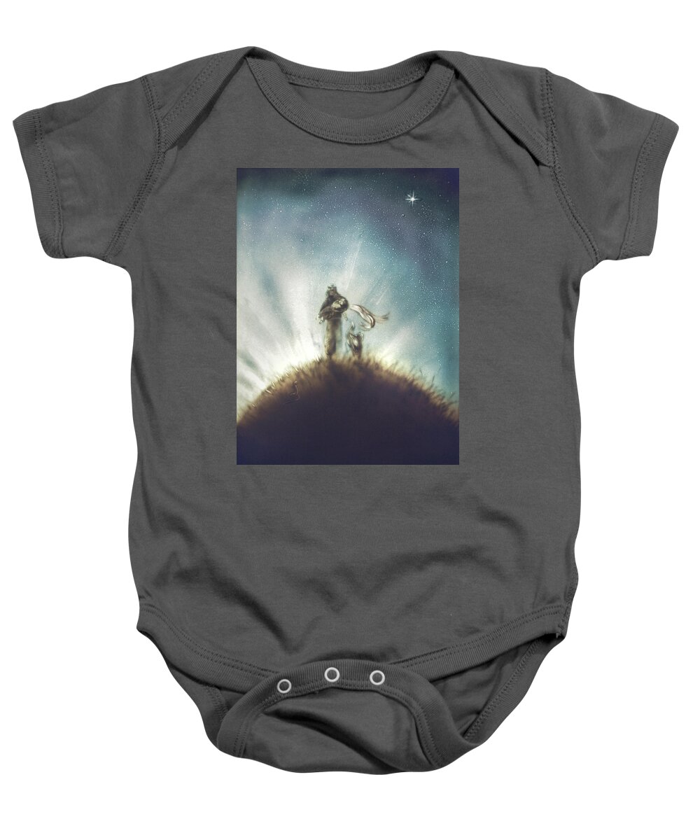 The Little Prince Baby Onesie featuring the painting Pilot, Little Prince and Fox by Elena Vedernikova