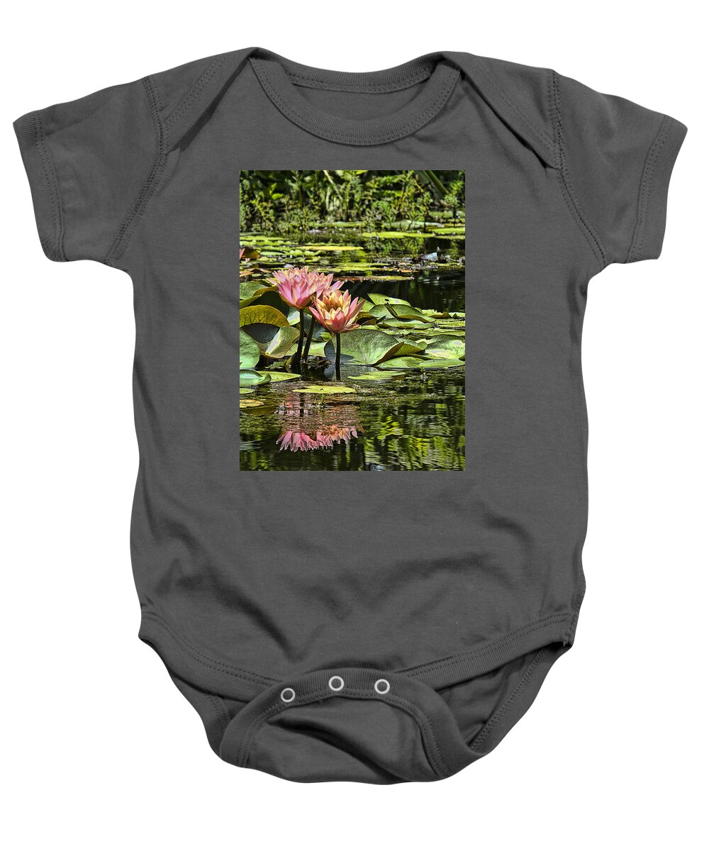 Water Baby Onesie featuring the photograph Pink Water Lily Reflections by Bill Barber