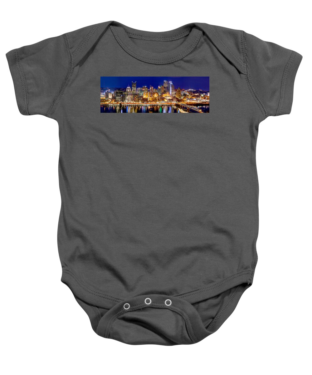 Pittsburgh Skyline At Night Baby Onesie featuring the photograph Pittsburgh Pennsylvania Skyline at Night Panorama by Jon Holiday