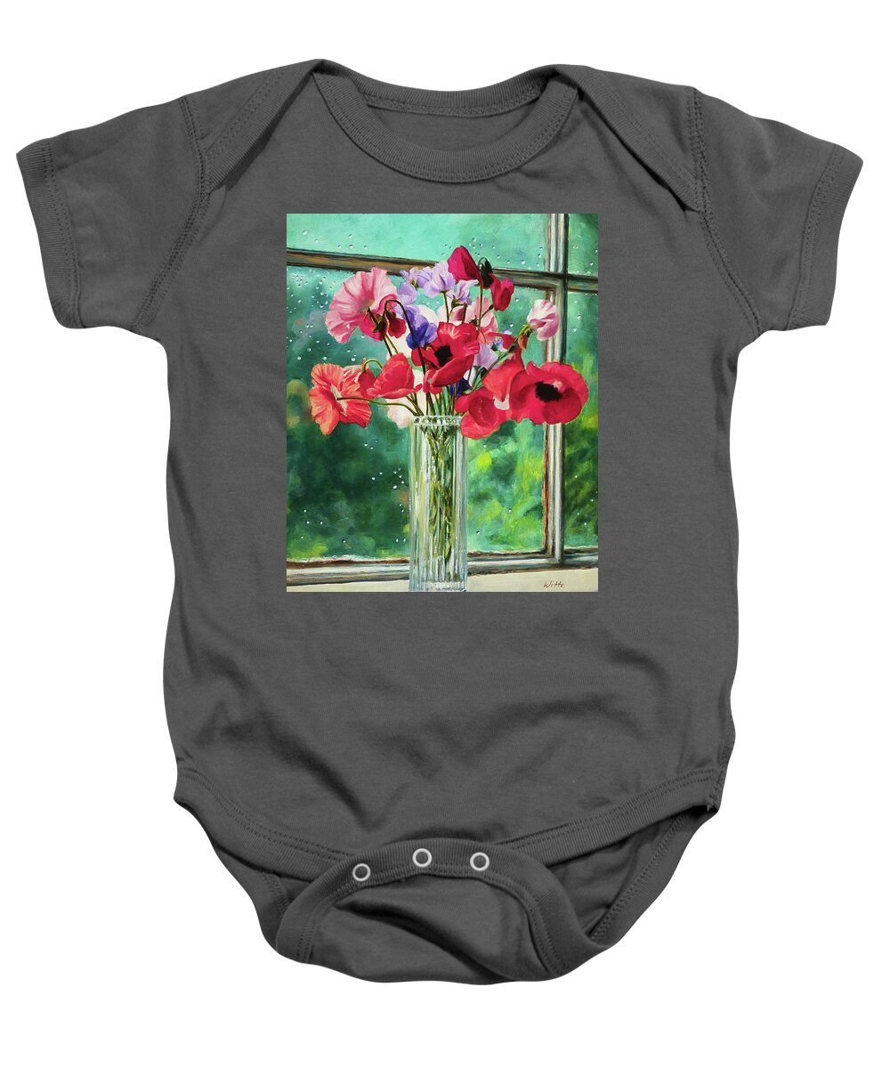 Poppies Baby Onesie featuring the painting Poppies on Windowsill by Marie Witte