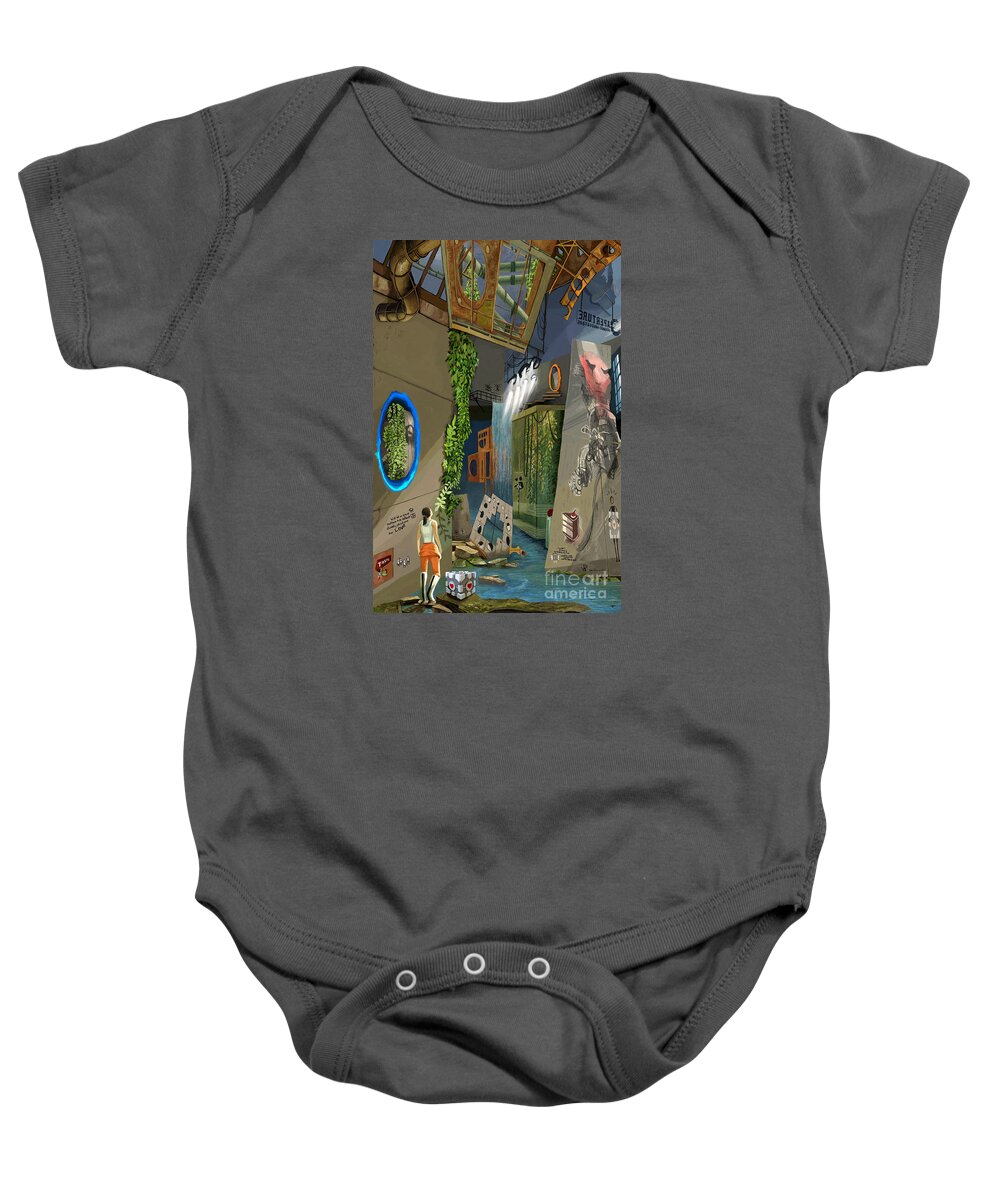 Portal Baby Onesie featuring the painting Portal 2 Chell's World by Jackie Case