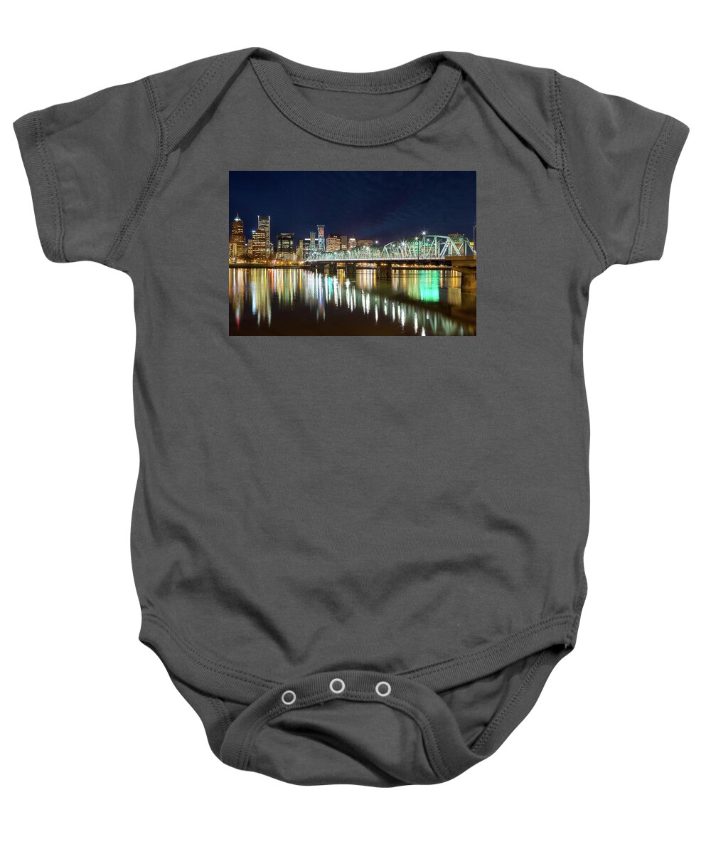 Portland Baby Onesie featuring the photograph Portland Skyline by Hawthorne Bridge at Night by David Gn