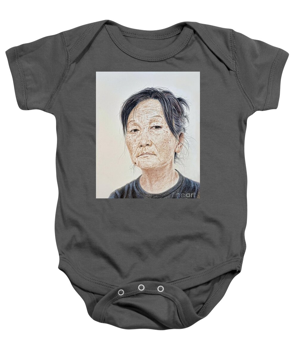 Portrait Baby Onesie featuring the mixed media Portrait of a Chinese Woman with a Mole on Her Chin by Jim Fitzpatrick