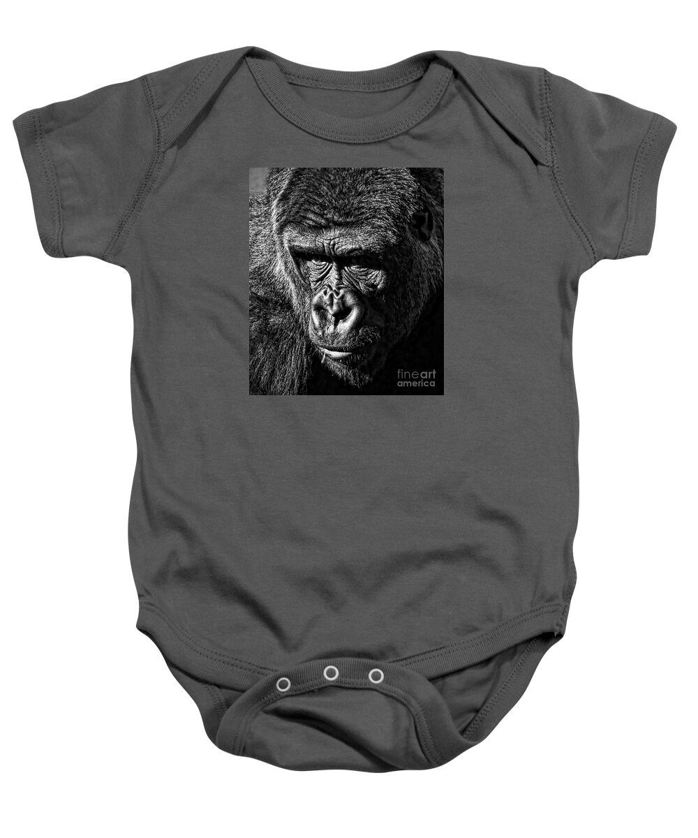 Ape Baby Onesie featuring the photograph Portrait of a Silverback II by Jim Fitzpatrick
