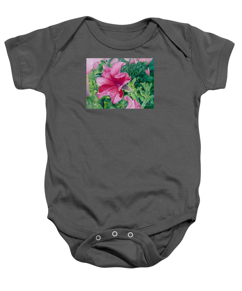 Petunias Baby Onesie featuring the painting Pretty in Pink by Pamela Clements