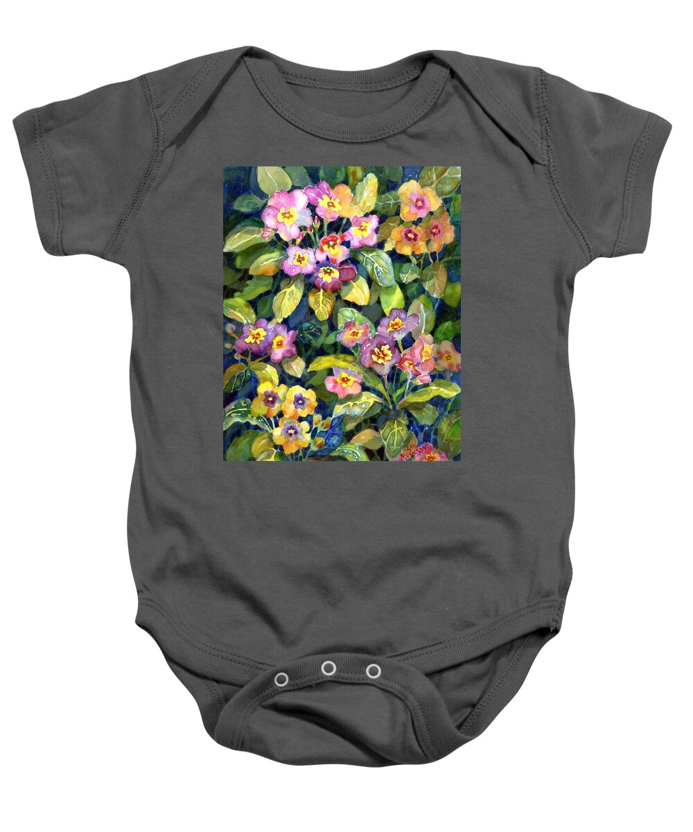 Watercolor Baby Onesie featuring the painting Primrose patch II by Ann Nicholson