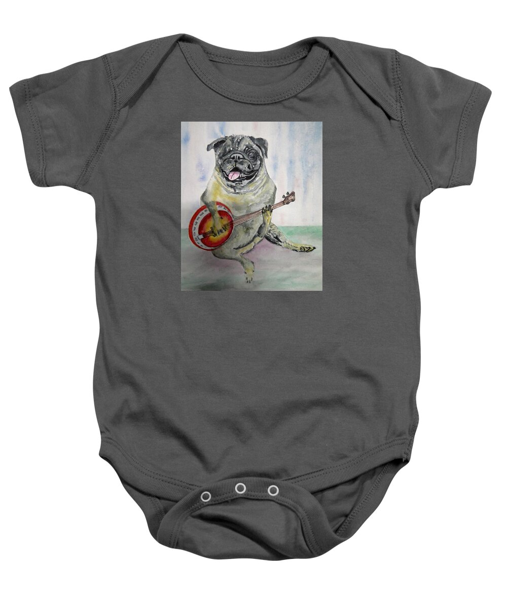 Dog Baby Onesie featuring the painting Pug with Banjo by Anna Ruzsan