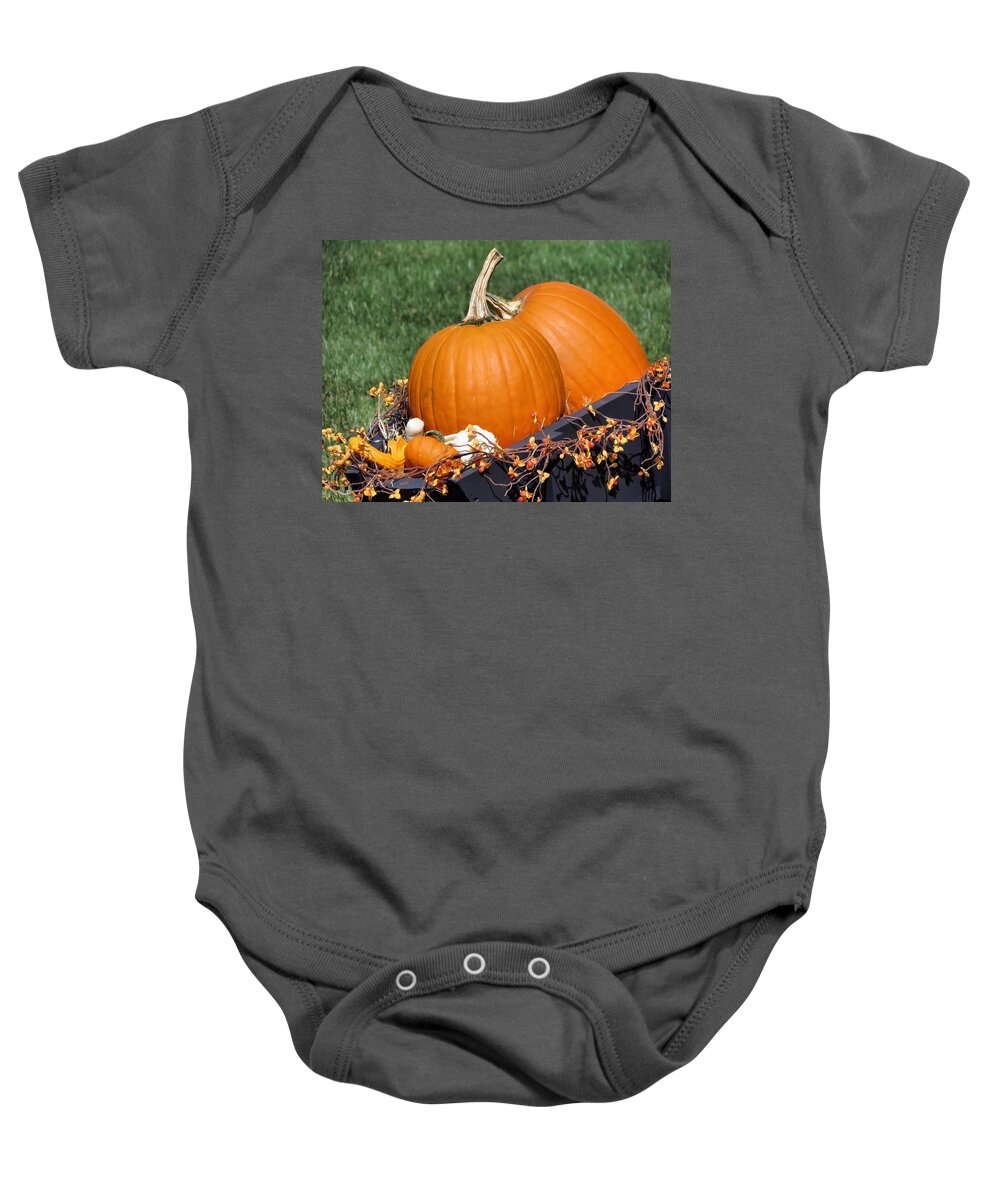 Pumpkins Baby Onesie featuring the photograph Pumpkin and Bittersweet by Janice Drew