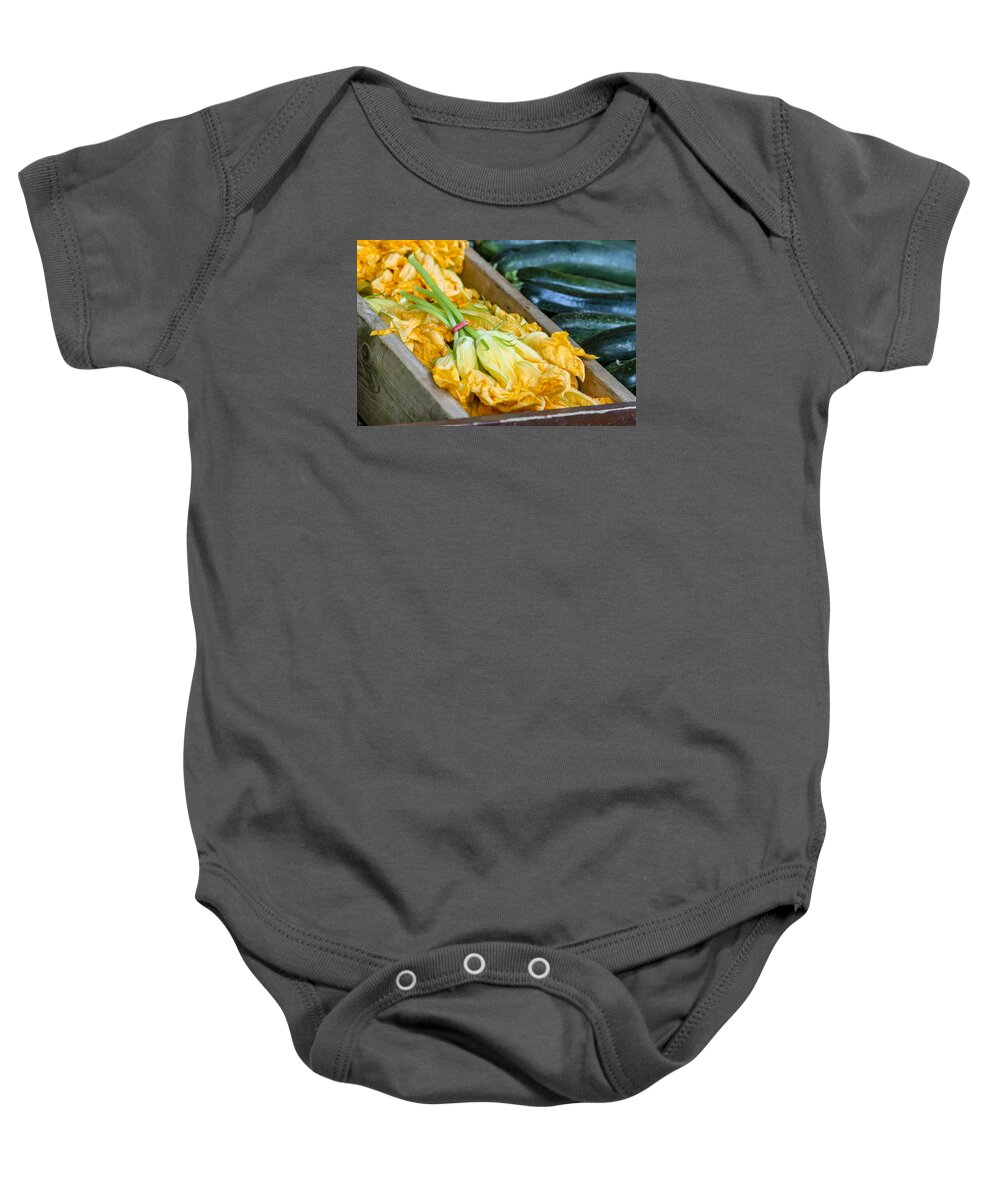 Baskets Baby Onesie featuring the photograph Pumpkin Blossoms by Teri Virbickis