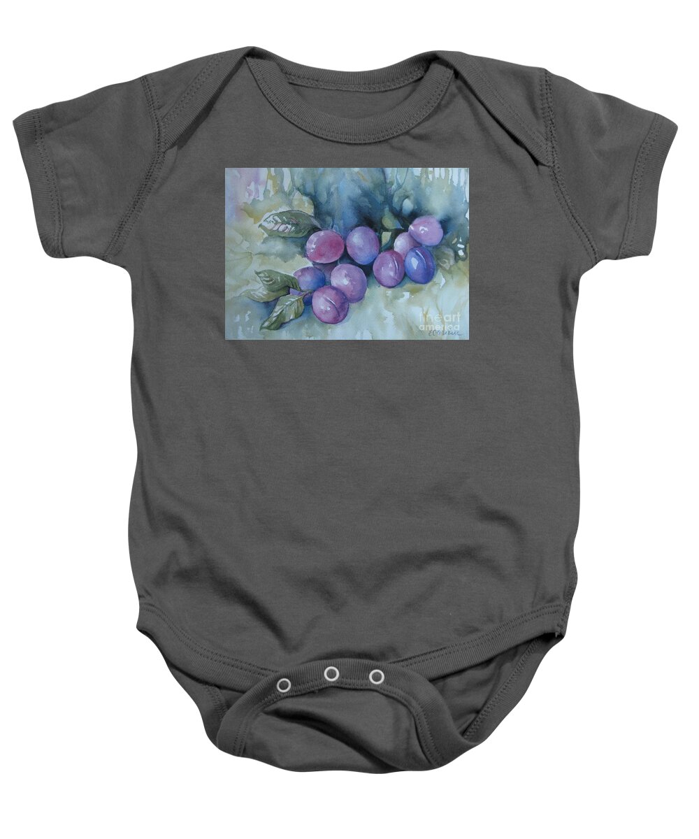 Plums Baby Onesie featuring the painting Purple plums by Elena Oleniuc
