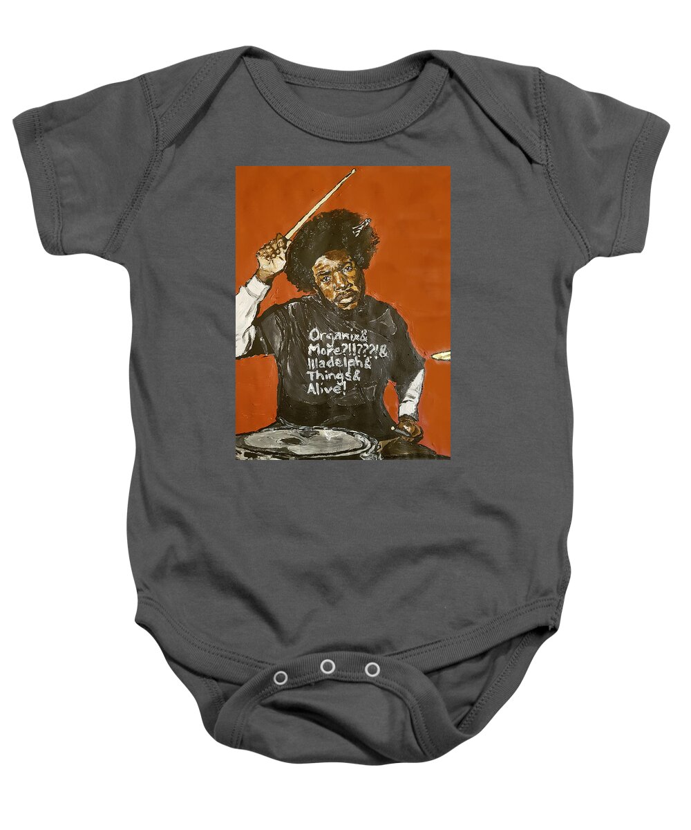 Questlove Baby Onesie featuring the painting Questlove by Rachel Natalie Rawlins
