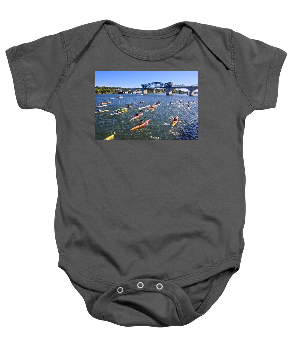Market Street Bridge Baby Onesie featuring the photograph Race on the River by Tom and Pat Cory