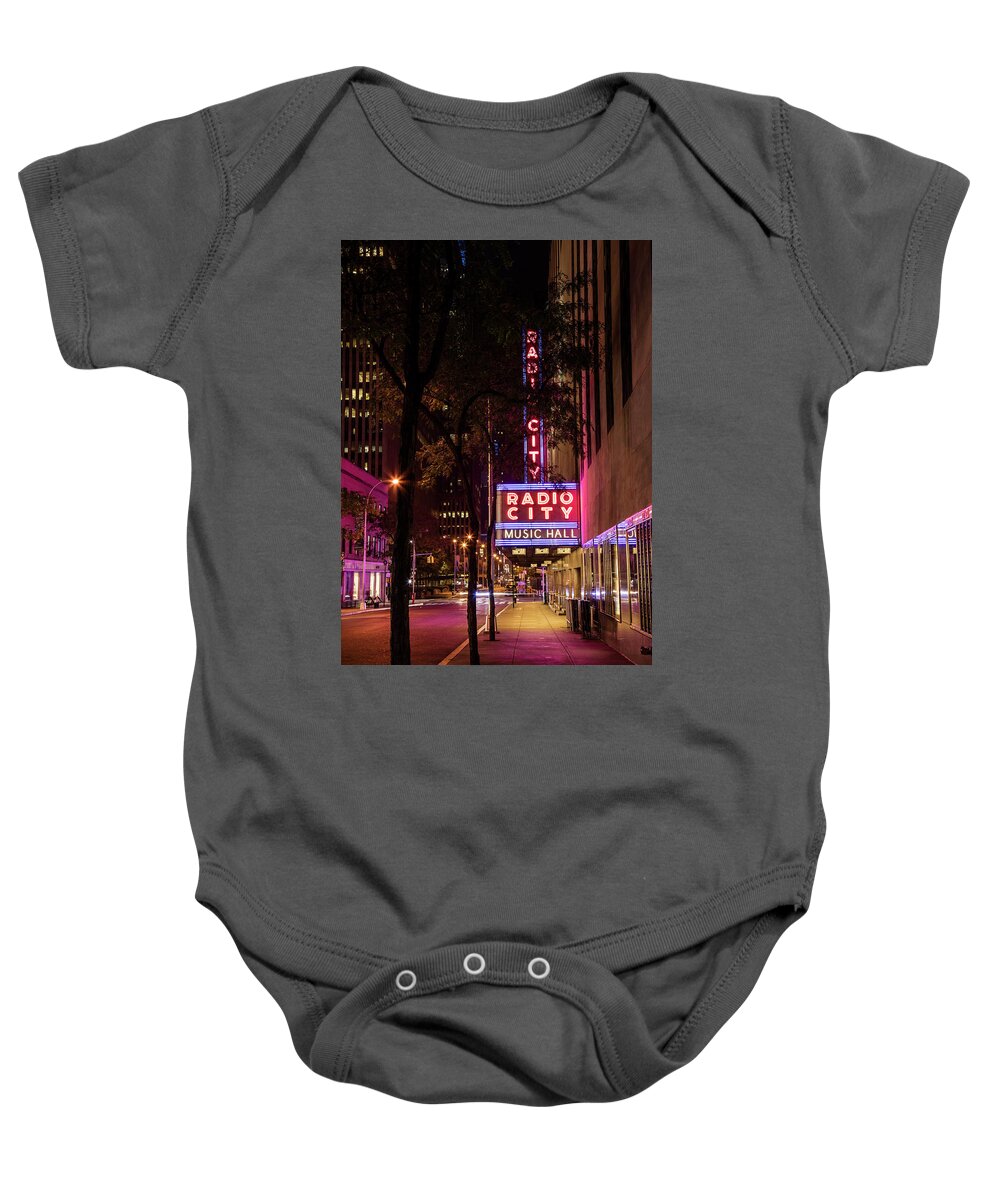 Nyc Baby Onesie featuring the photograph Radio City Music Hall and Tree by John McGraw