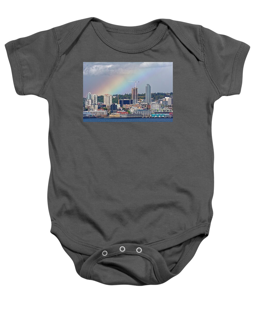 Rainbow Baby Onesie featuring the photograph Rainbow over Seattle by Peter Ponzio