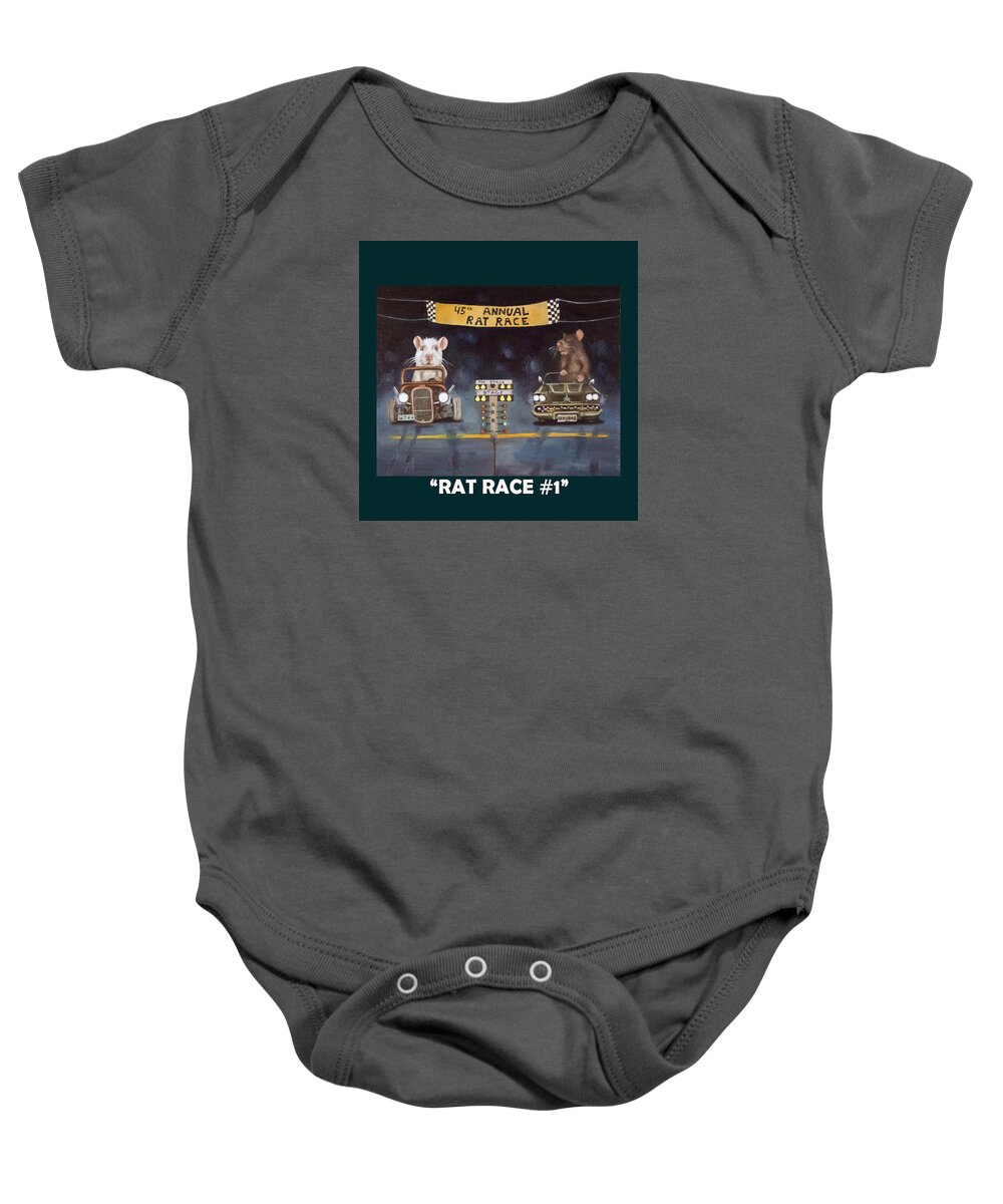 Rat Race Baby Onesie featuring the painting Rat Race with Lettering by Leah Saulnier The Painting Maniac