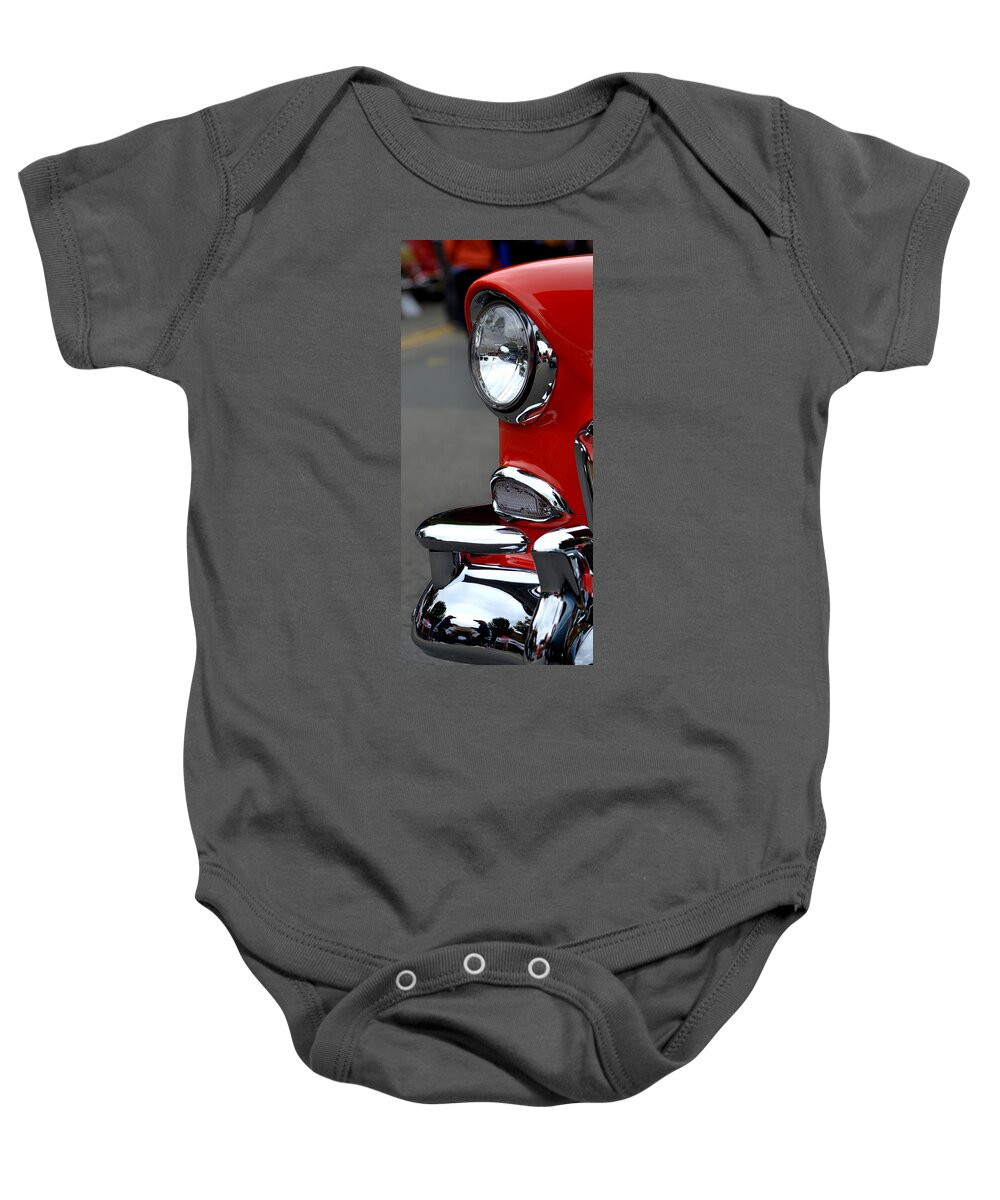 Classic Car Baby Onesie featuring the photograph Red 55 Chevy Headlight by Dean Ferreira