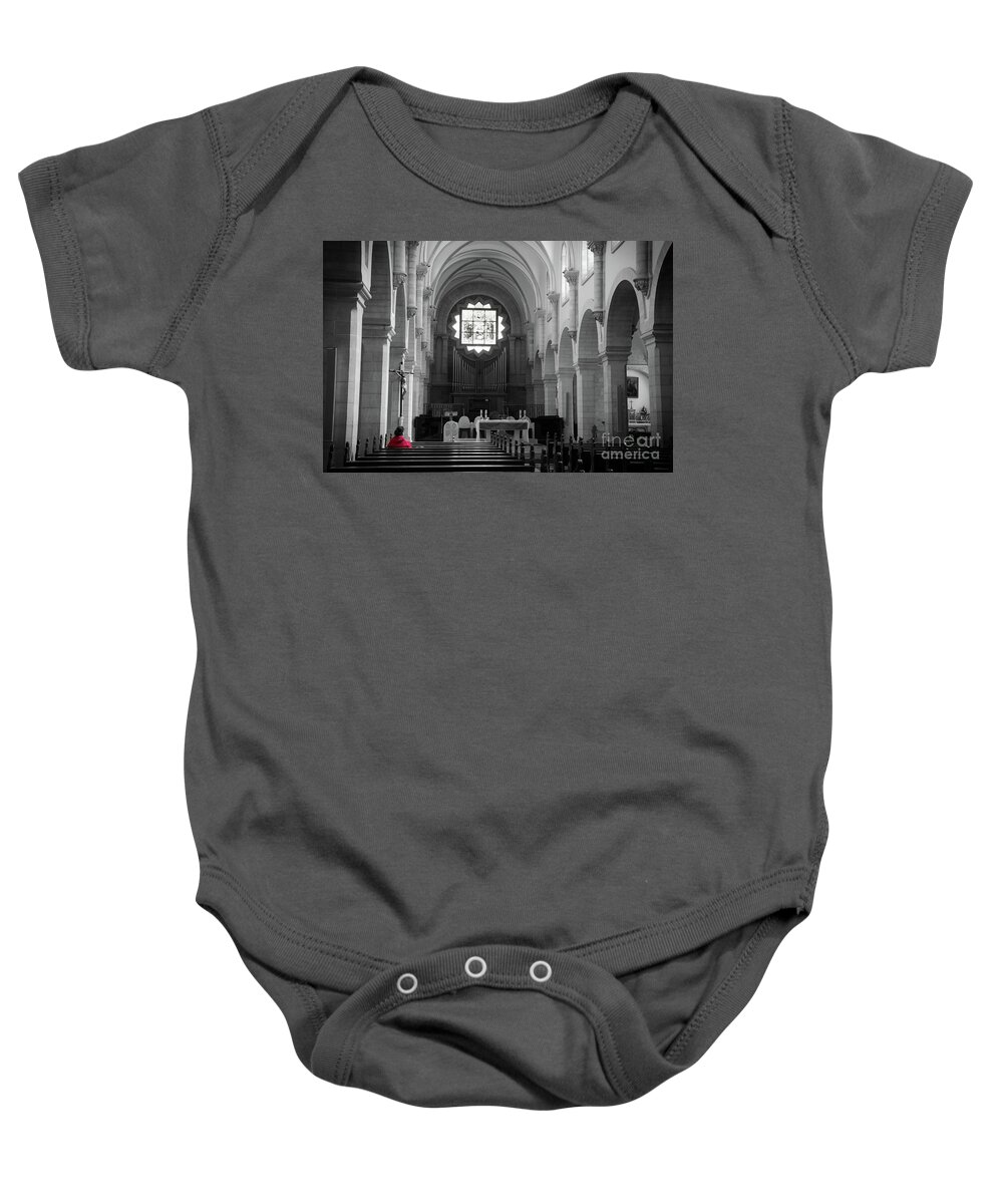 Red Baby Onesie featuring the photograph Red and Mono, Church of Bethlehem by Perry Rodriguez