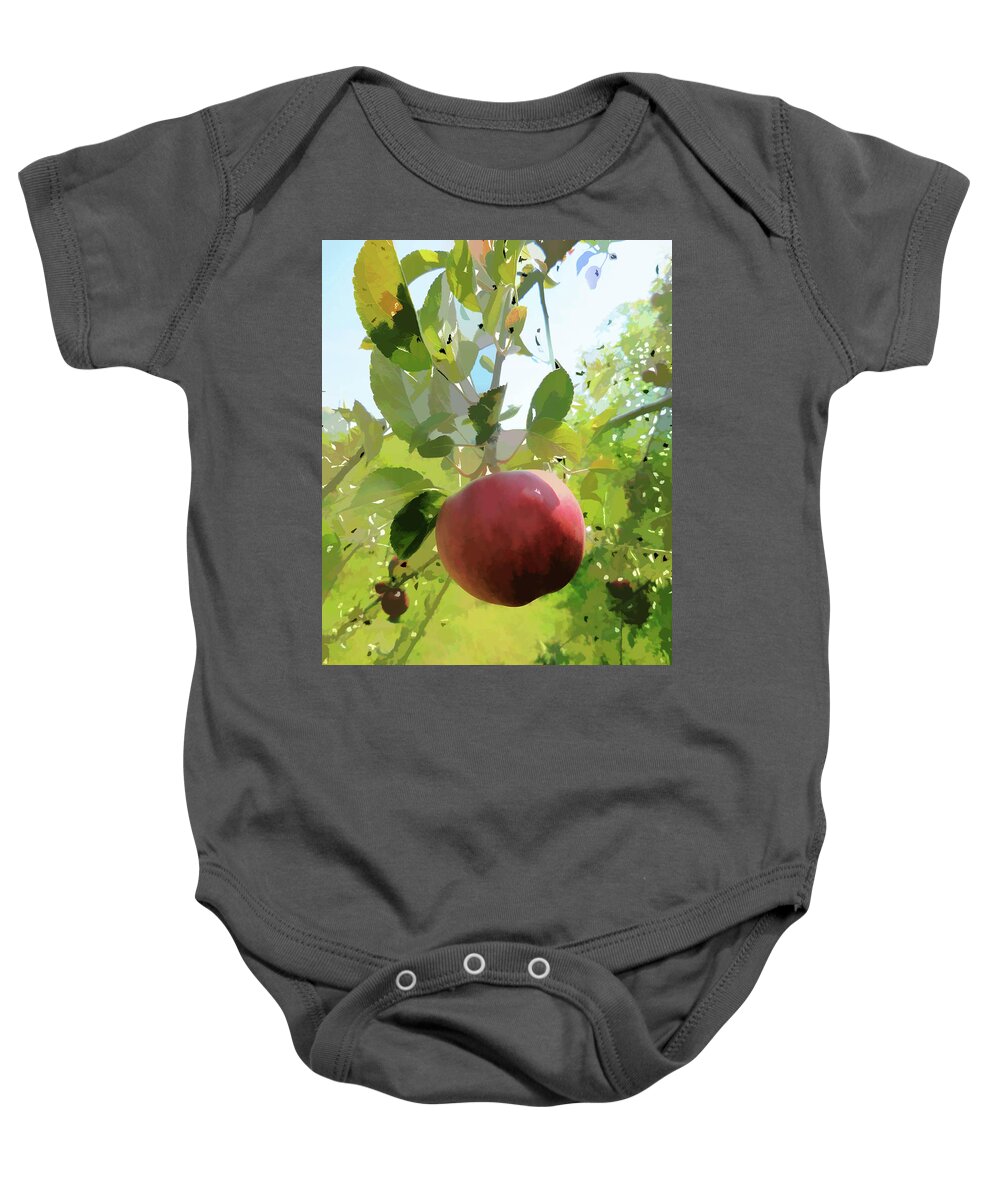 Apples Hanging From A Tree Branch Baby Onesie featuring the painting Red apple on tree by Jeelan Clark