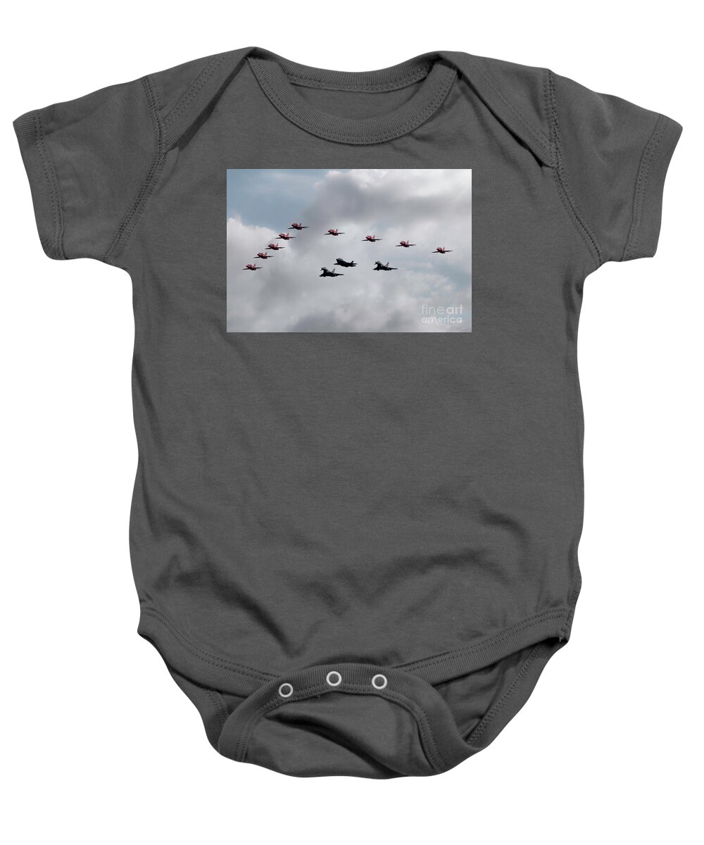 Red Arrows With F35 And Typhoons Baby Onesie featuring the digital art Red Arrows F35 and Typhoons by Airpower Art