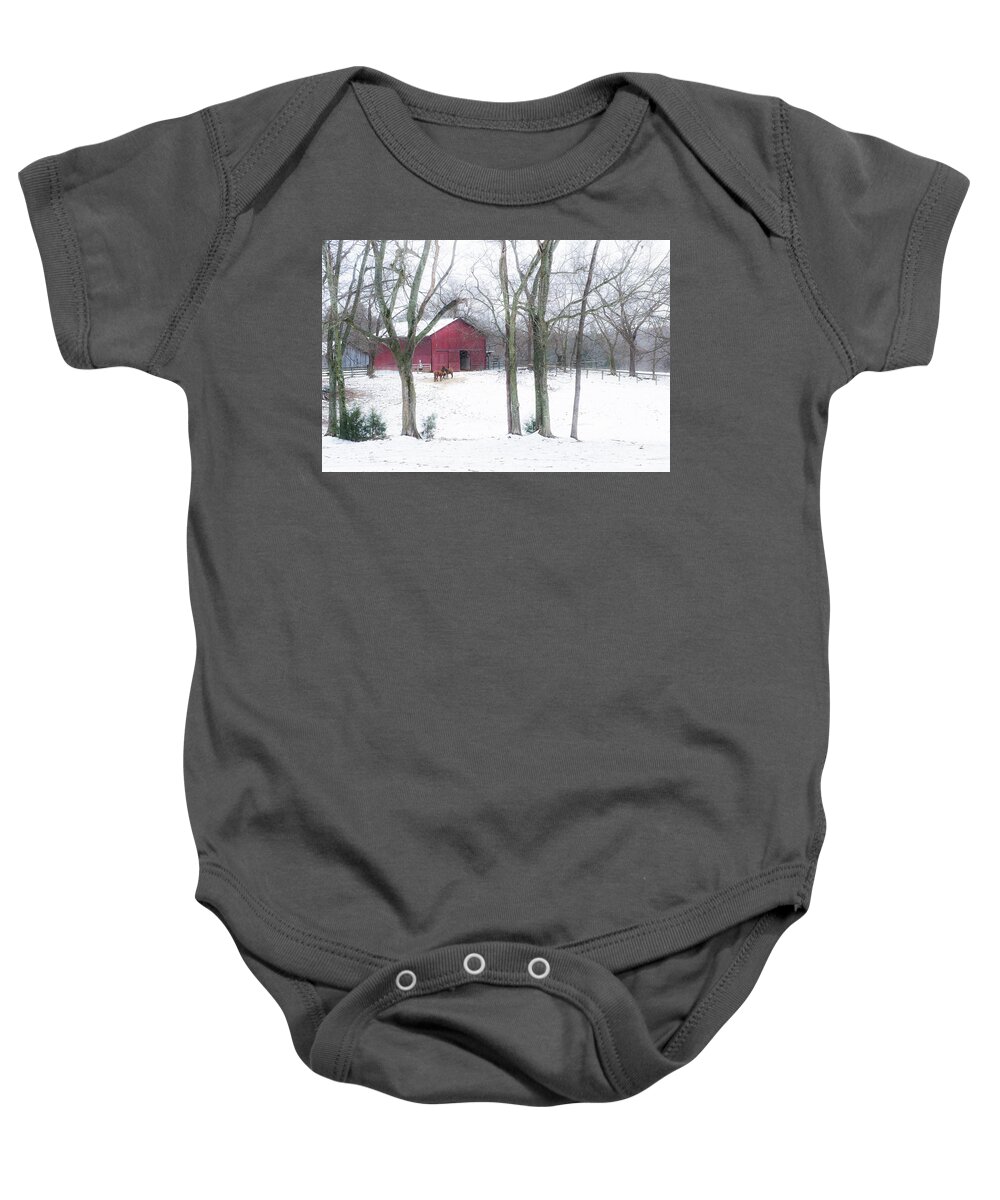 Old Barns Baby Onesie featuring the photograph Red Barn at Cedarock by Cynthia Wolfe