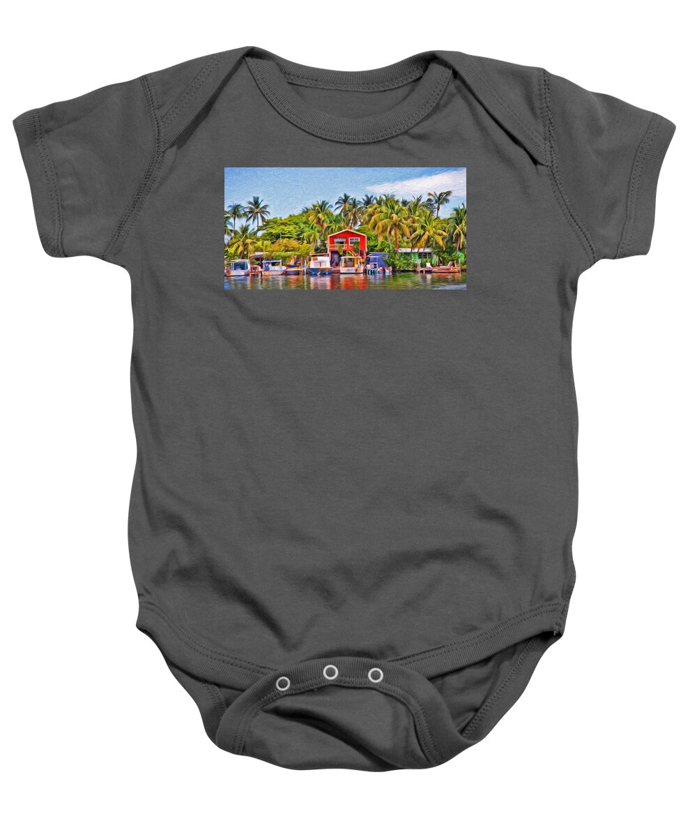 Conchkey Baby Onesie featuring the photograph Conch Key Waterfront Red Cottage by Ginger Wakem