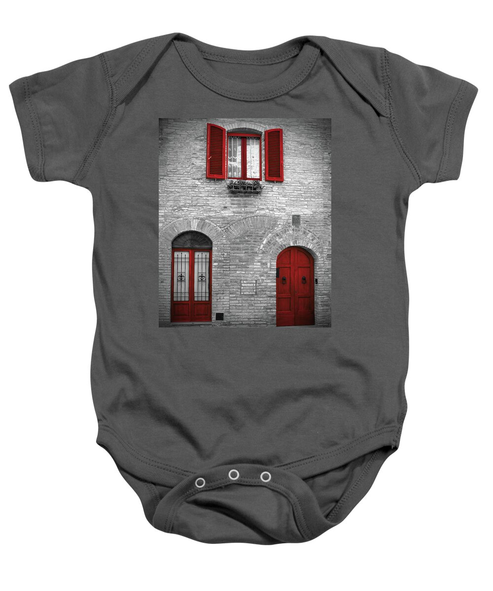 Doors And Windows Baby Onesie featuring the photograph Red Doors and Windows in San Gimignano Italy by Lily Malor