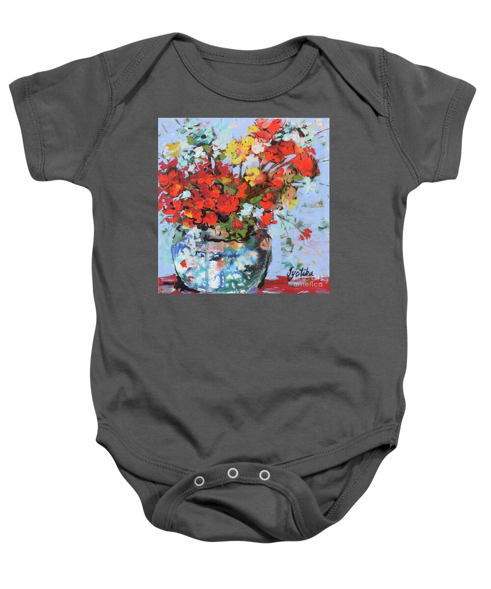  Baby Onesie featuring the painting Red Flowers Vase by Jyotika Shroff