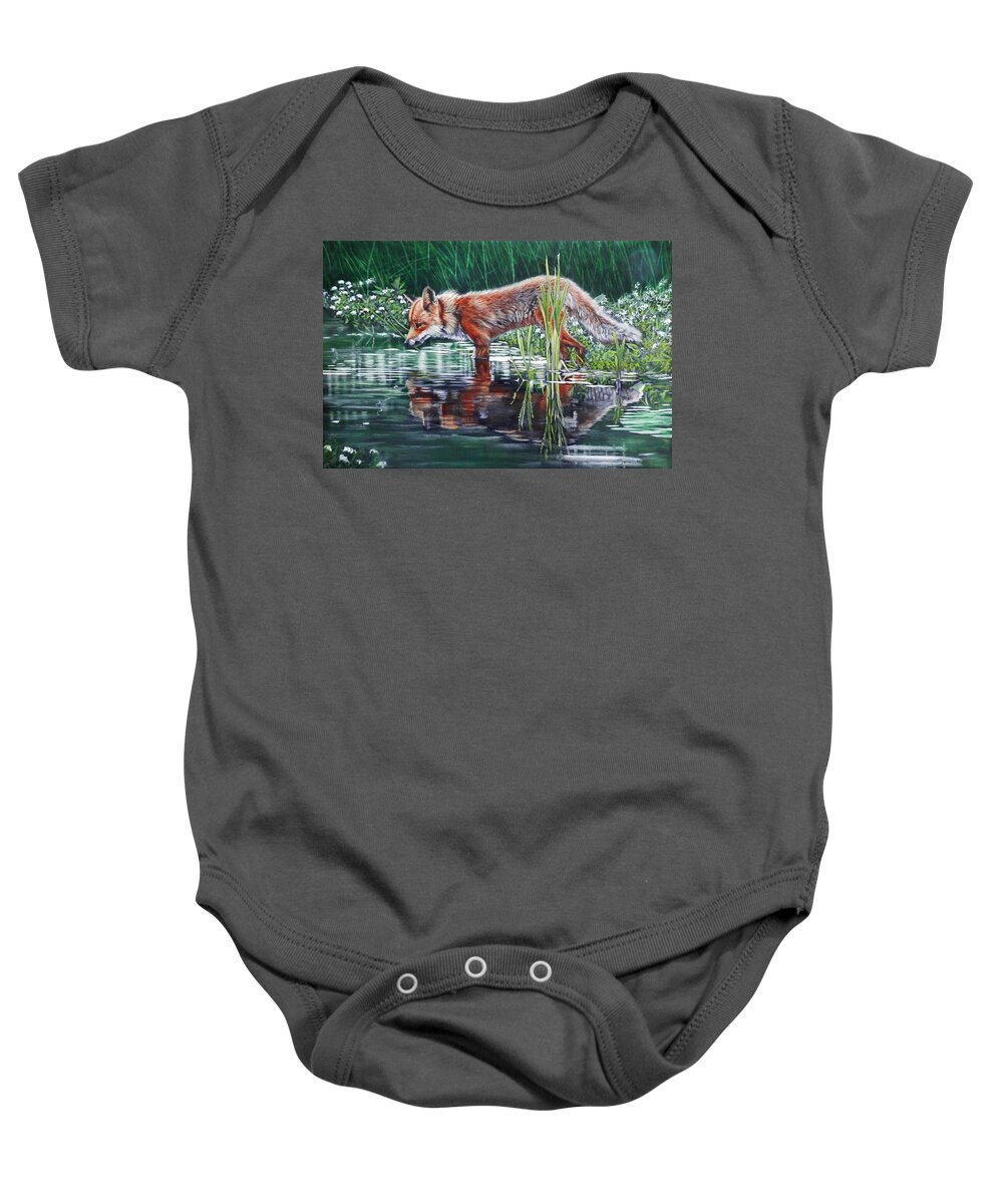 Fox Baby Onesie featuring the painting Red Fox Reflecting by John Neeve