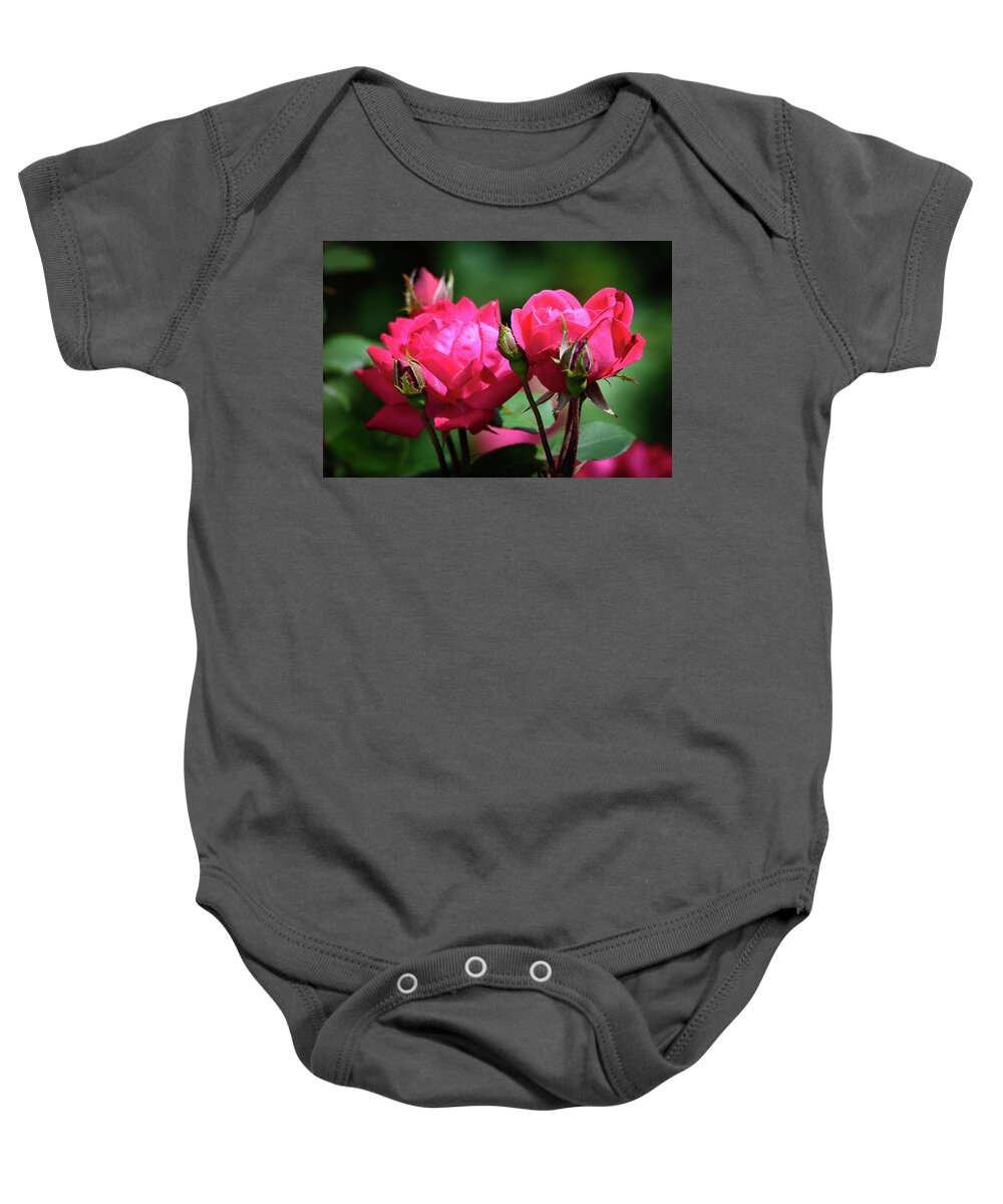 Red Knock-out Roses Baby Onesie featuring the photograph Red Knock-out Roses by Debra Martz