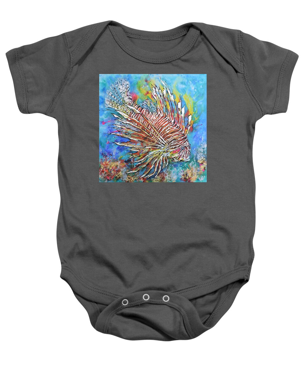 Red Lion-fish Baby Onesie featuring the painting Red Lion-fish by Jyotika Shroff