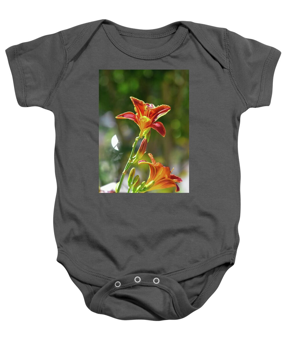Linda Brody Baby Onesie featuring the photograph Red Orange Day Lilies I by Linda Brody