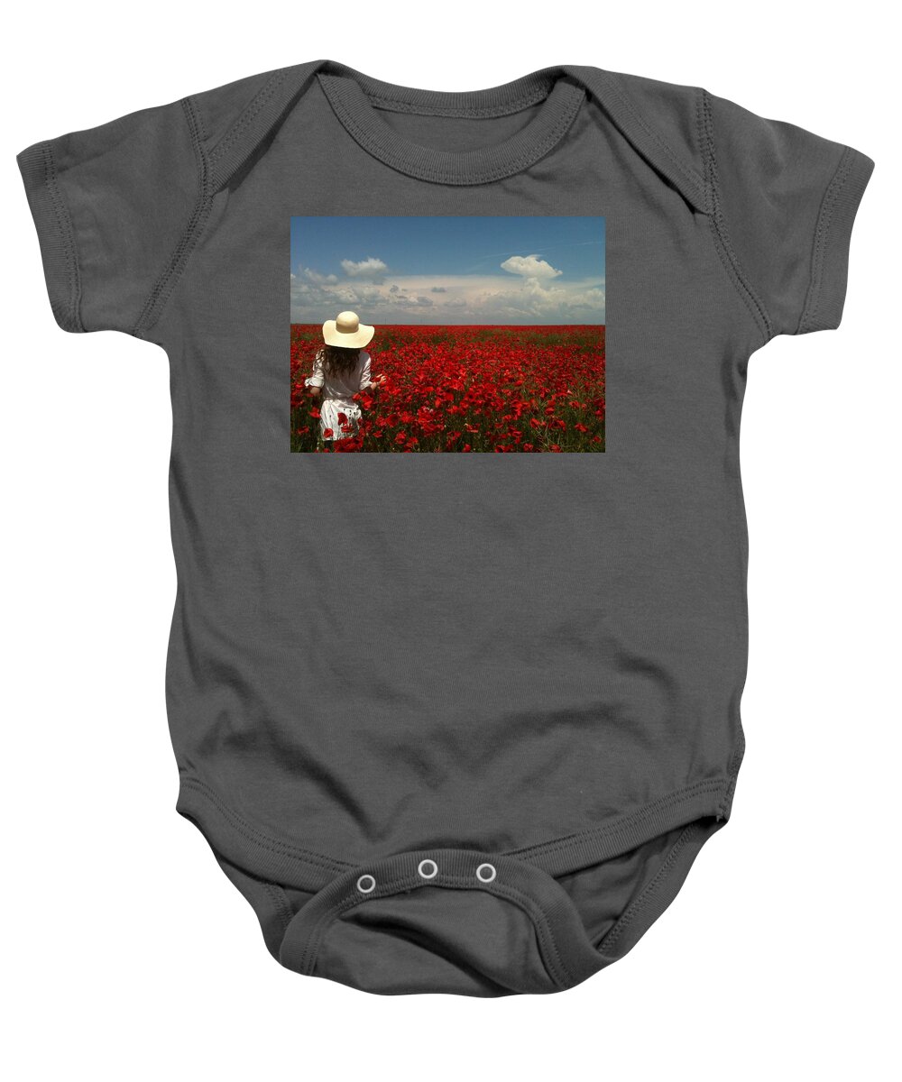 Red Poppies Field Baby Onesie featuring the painting Red Poppies and Lady by Georgeta Blanaru