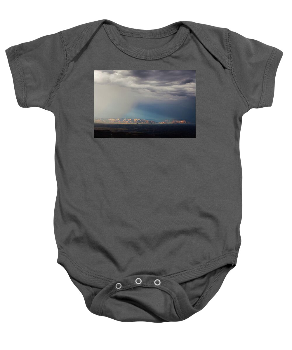 Red Rocks Baby Onesie featuring the photograph Red Rock Monsoon by Ron Chilston