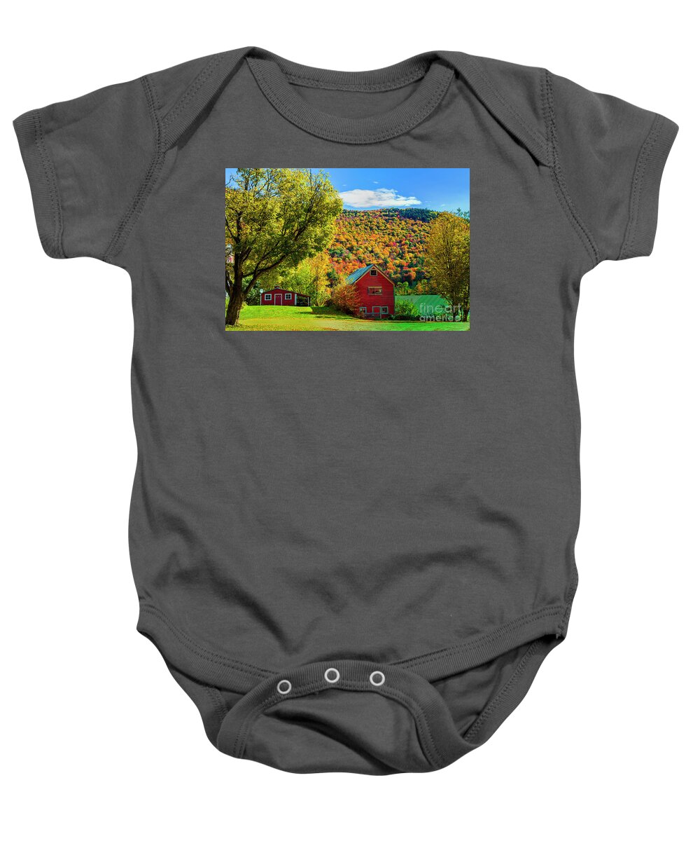 Barns Fall Color Vermont Baby Onesie featuring the photograph Red Sheds by Rick Bragan