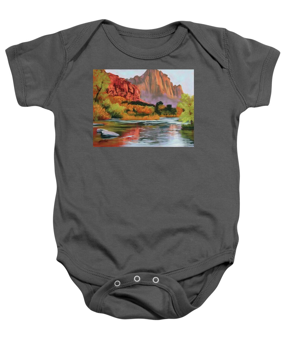 Landscape Baby Onesie featuring the painting Reflections of Morning by Sandi Snead