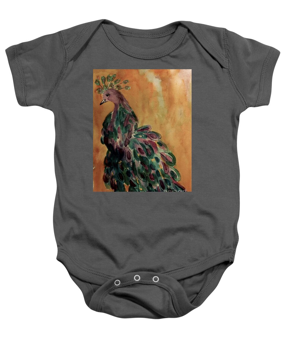 Majestic Peacock Baby Onesie featuring the painting Majestic Peacock - Vintage by Ellen Levinson