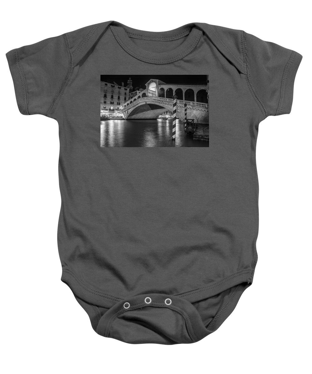 Black And White Photography Baby Onesie featuring the photograph Rialto Bridge Black and White by John McGraw